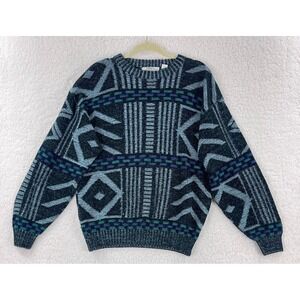Saturdays Sweater Mens Large Black Green Geo Print‎ VTG Long Sleeve Knit Heavy